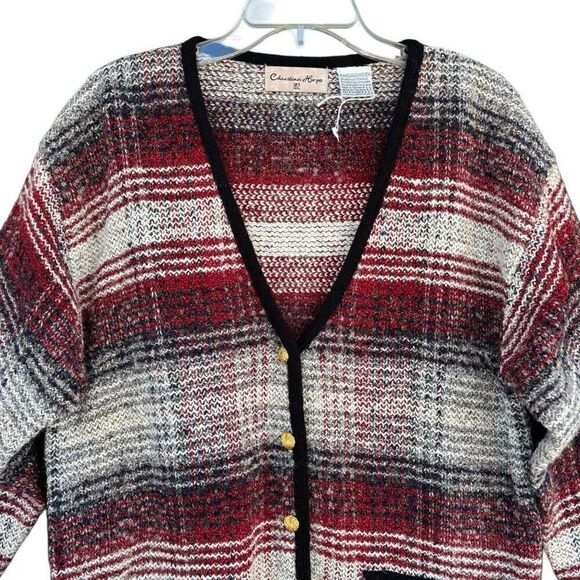 Christina Hope Vintage Red White Black Plaid Wool Blend Cardigan Sweater Medium - Picture 3 of 10